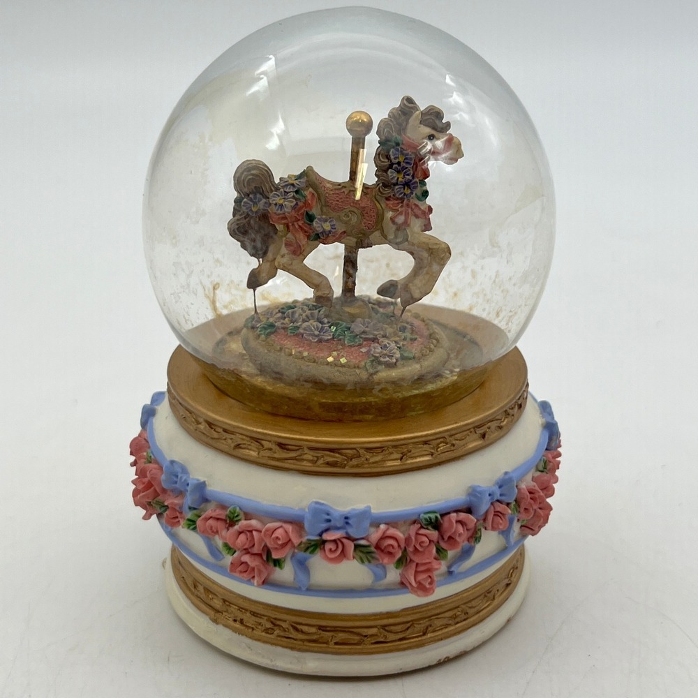 San Francisco Music Box Company Carousel Horse Snow Globe Floral Rose Vintage